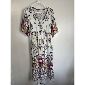 Fig & Flower Pippa Ivory Floral Puff Sleeve Belt Midi Dress Women's XL Boho Maxi